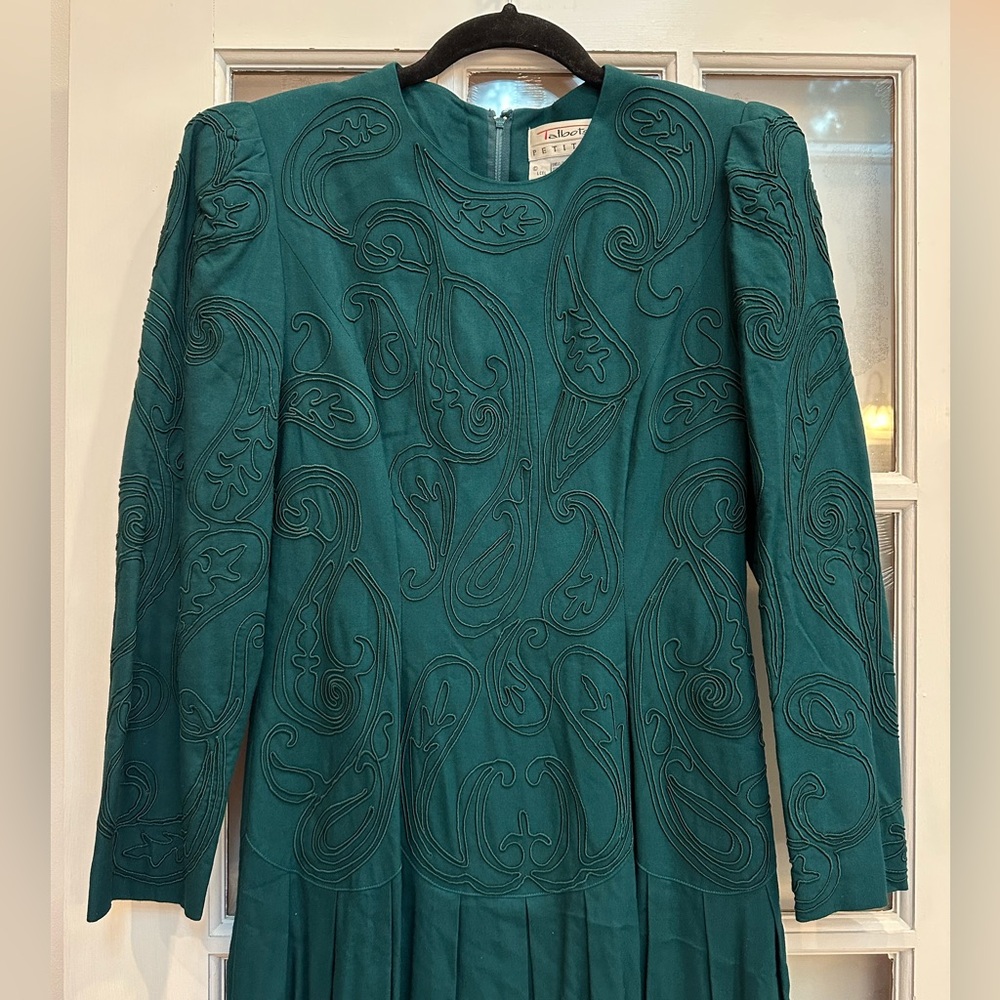 Vintage Talbots Emerald Teal Paisley Long Sleeve Midi Dress Women’s Size 12 P - Picture 2 of 12